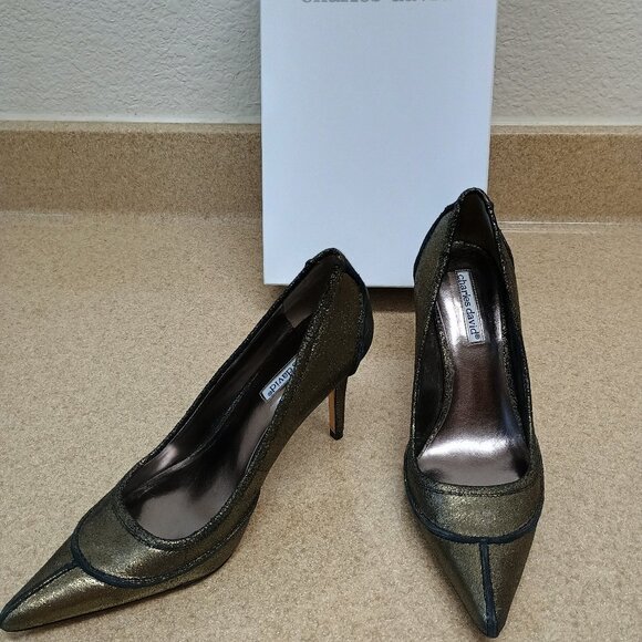 Charles David Pewter Suede Classic Pumps Sz 9M Heel Pointed Toe Glitter Stiletto - Picture 2 of 8